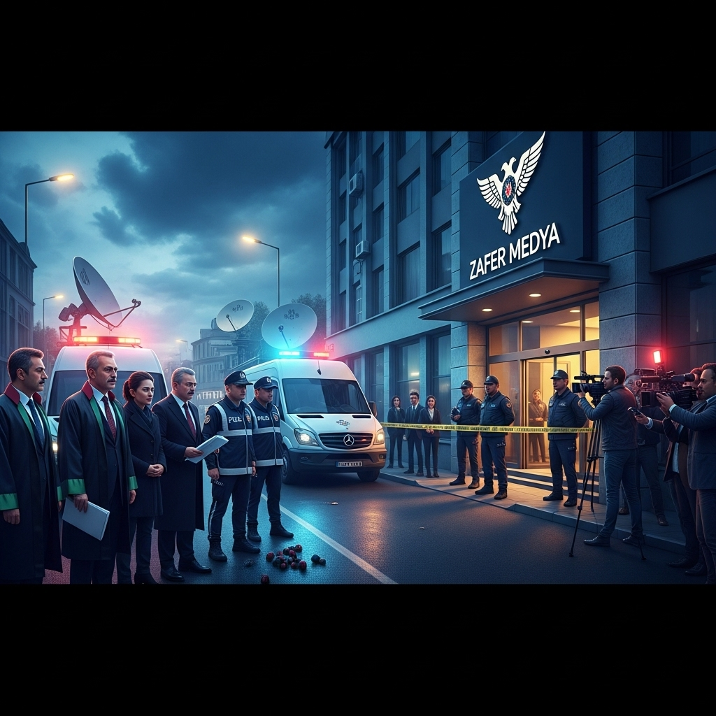 Turkiye Prosecutors Seize 1 Media Giant in Fraud Probe 2 Turkiye prosecutors and police officials standing outside the seized headquarters of a media company.