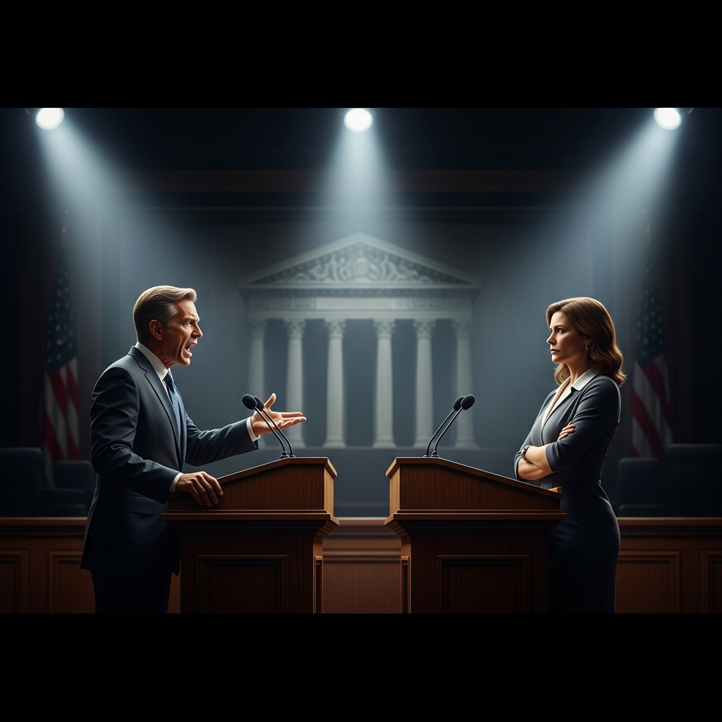 supreme court decision: 5 nations get trade exemptions 4 Two experts debating at a podium, illustrating the divided opinions on the latest supreme court decision.