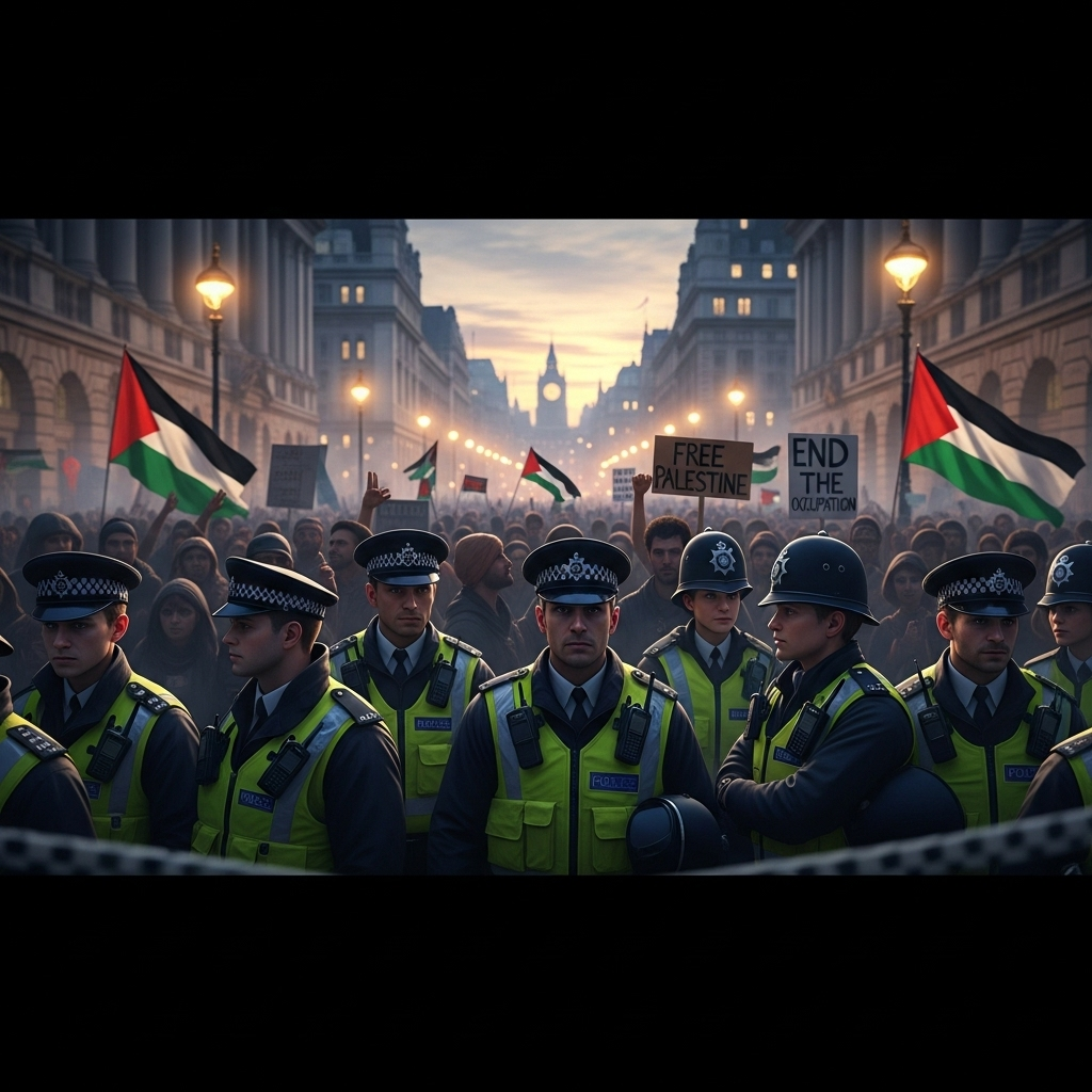 UK Police Arrest Nearly 900 at Pro-Palestine Rally 2 UK police officers forming a cordon during the pro-Palestine protest in London.