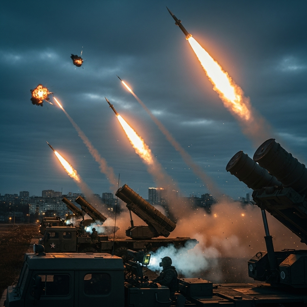 Key Events of Russia-Ukraine War: Day 1,293 Updates 3 Ukrainian air defense systems firing at night, a visual representation of key events protecting major cities.