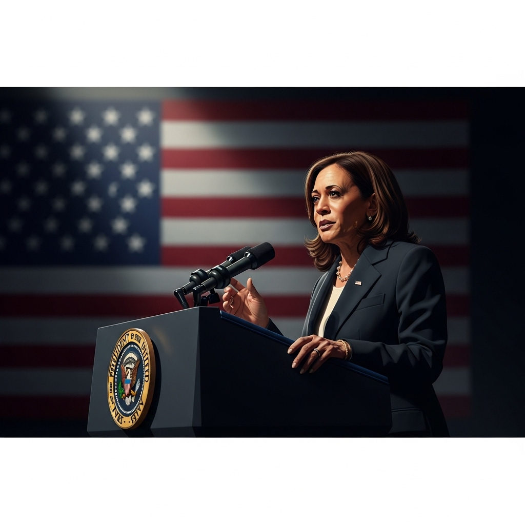 Re-election Bid: 5 Key Insights from Harris's 1st Book 2 Vice President Kamala Harris speaking at a podium, a key figure in the upcoming re-election bid.