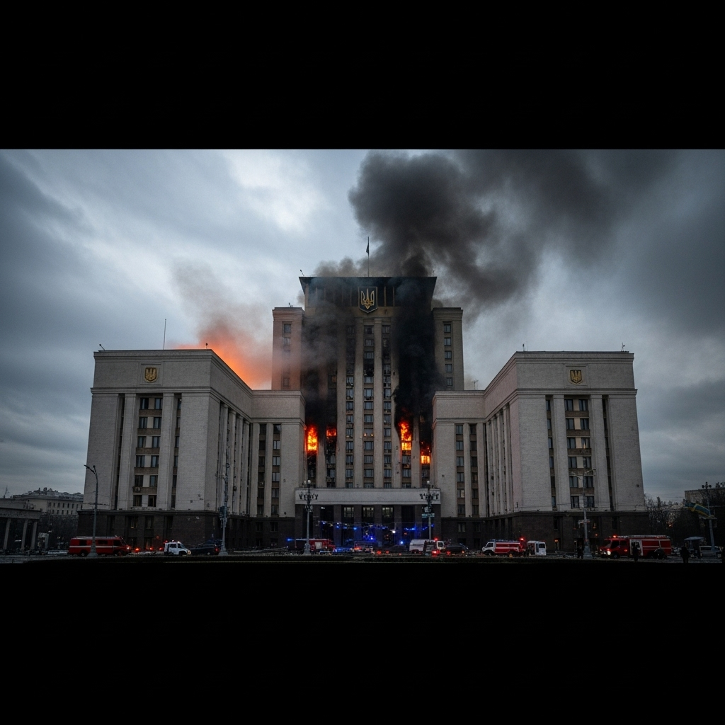 Kyiv Government Building: 10 Images From the Attack 2 Wide shot of the Kyiv government building with smoke pouring from the upper floors after the attack.