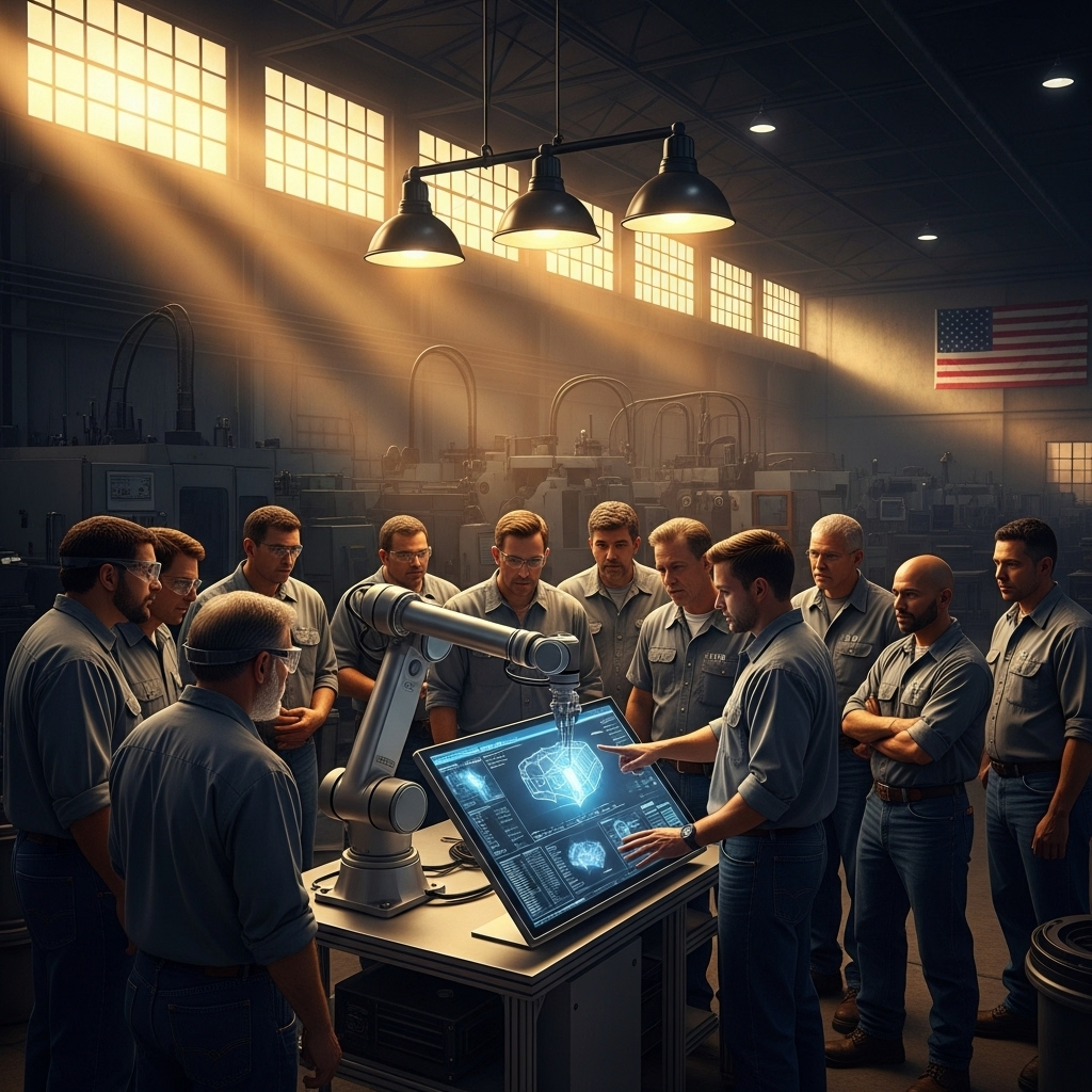 US town's 1 big hope: can it survive tariff tests? 4 Workers in a modern factory setting being retrained on new technology, representing hope for a US town.