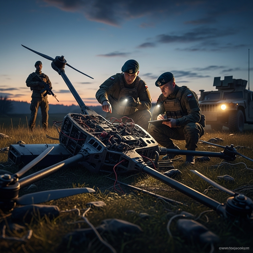 Downed Drones: 2 Incidents in Poland & Gaza Attack Claims 2 Wreckage of one of the downed drones being examined by Polish military personnel in a field.
