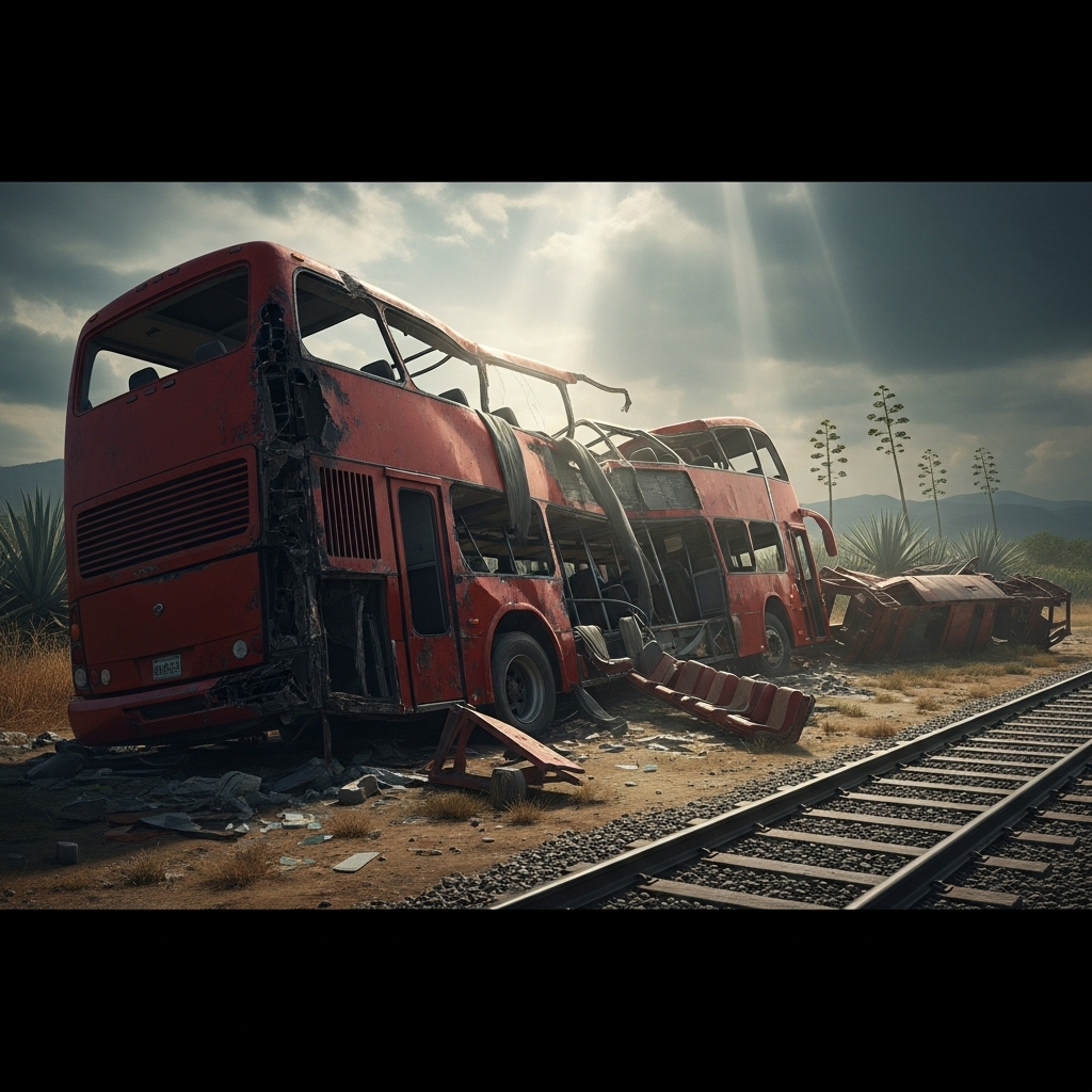 Double-Decker Bus Hit by Train, Killing 10 in Mexico 2 Wreckage of the double-decker bus after being struck by a train in Jalisco, Mexico.