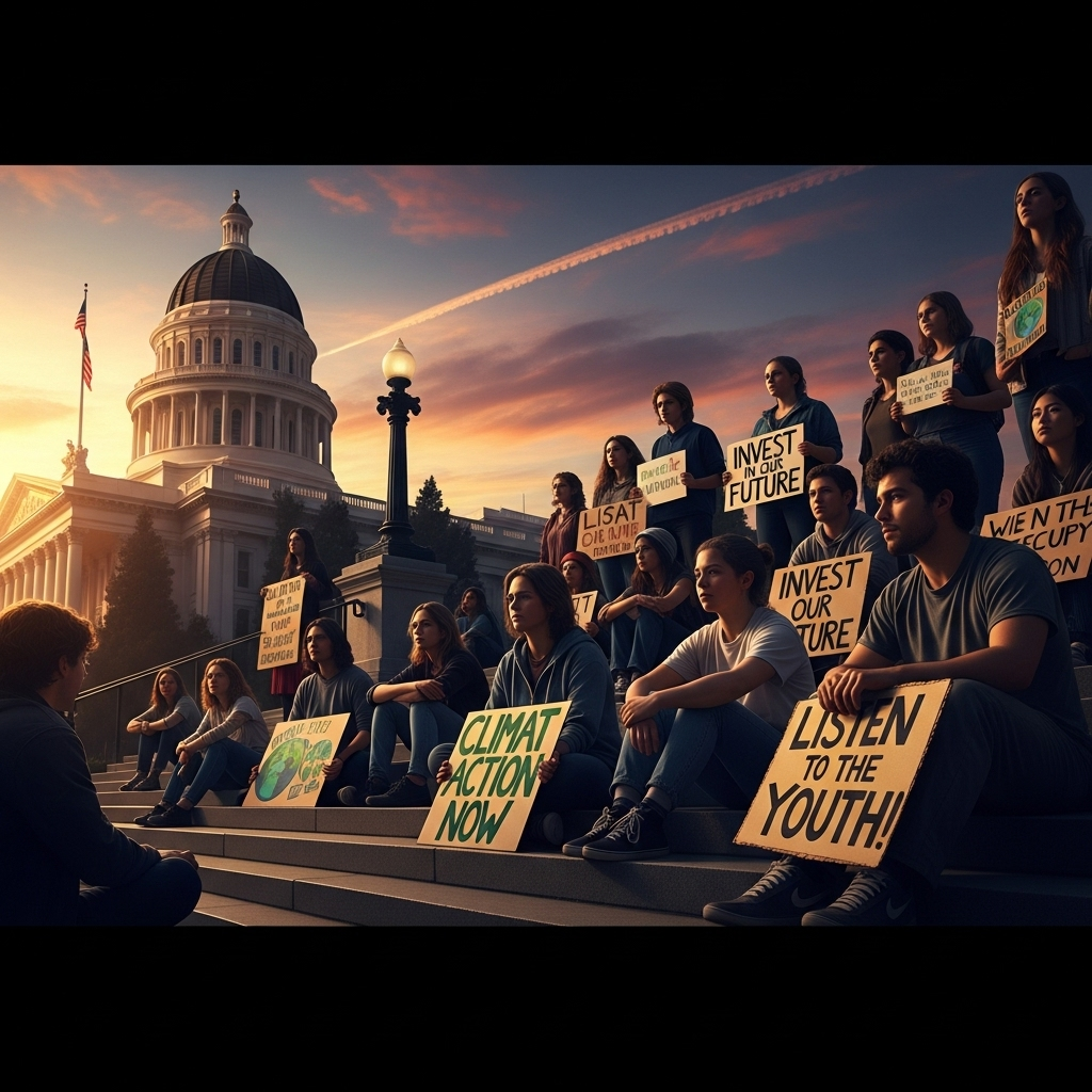 Government Buildings: 3 Cities Targeted by Gen Z Protests 2 Young protestors peacefully gathered on the steps of government buildings in Sacramento.